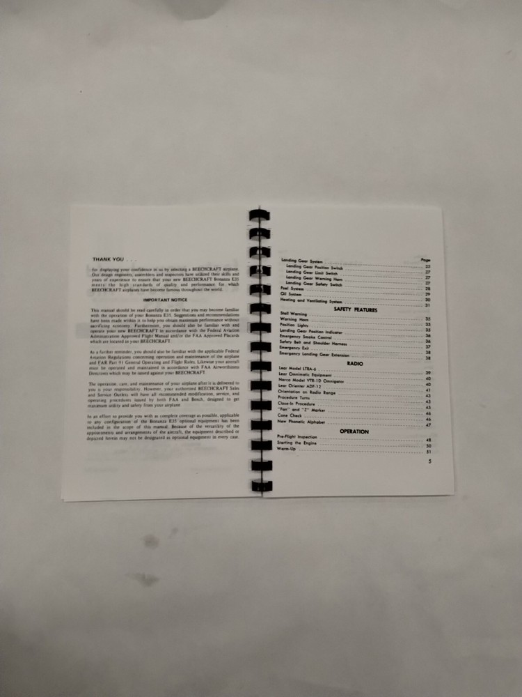 Beechcraft Bonanza Model E35 Owner's Manual-Copy
