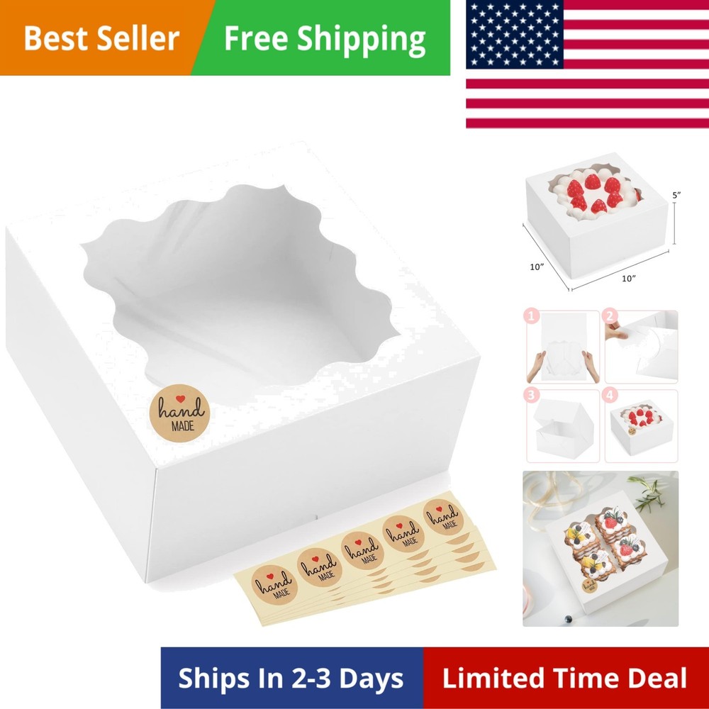 Auto-popup 10x10x5 Cake Boxes with Window, 24pcs Quick Fold White Bakery Boxe...