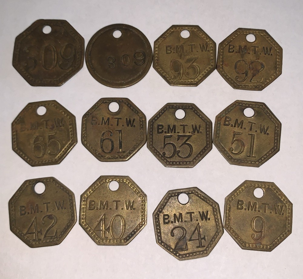 Early Coal Miners Brass Tag Tool Pit Check Time Mining Token of 12 Tags