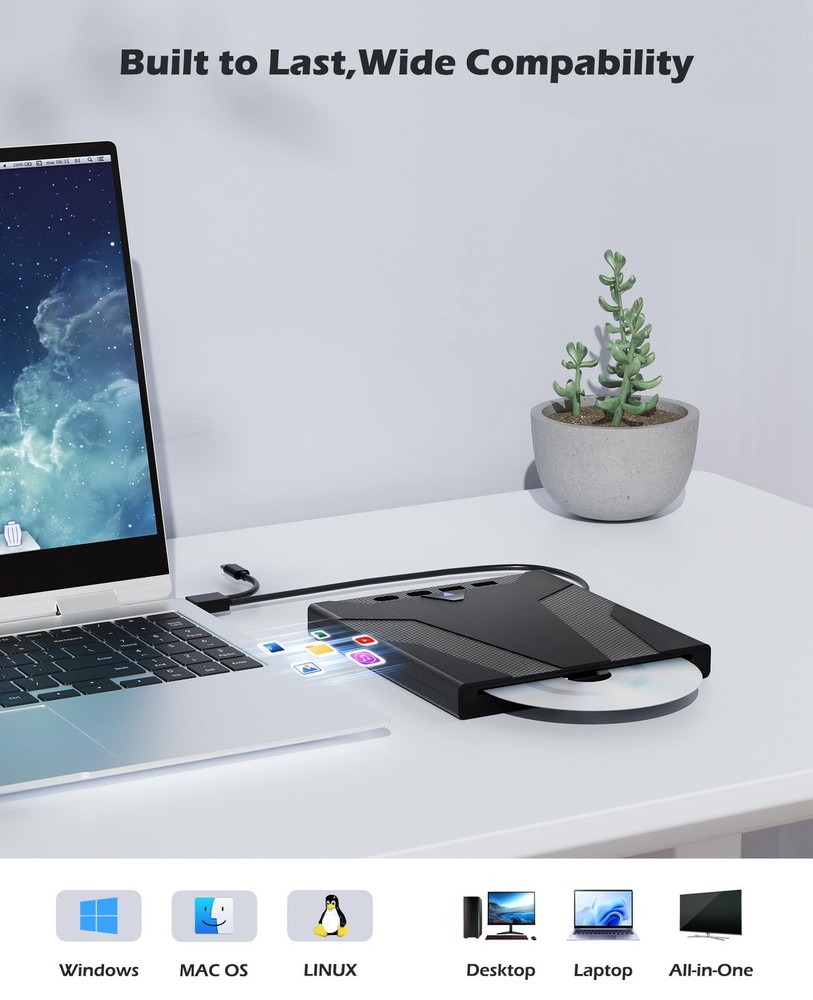 Wbacon 8 in 1 External CD/DVD Drive for Laptop, Slot-Loading CD Reader for La...