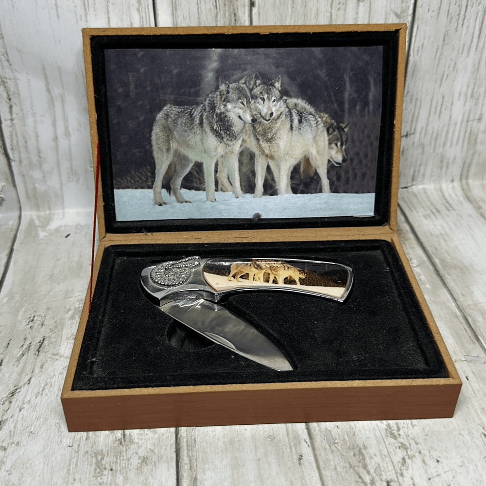 Wolf Folding Pocket Knife Decorative Handle 7" Stainless Steel Blade
