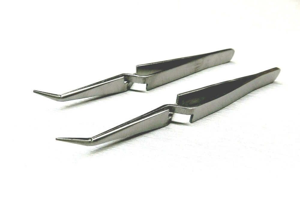 Cross Lock Tweezers Bent Tip Self Locking Reverse Action Stainless 4-3/4" 2 Pcs