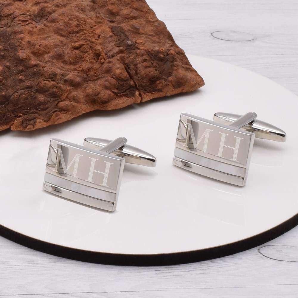 Personalised with up to 3 Initials Rectangular M-O-P Strip Cufflinks In Gift Box