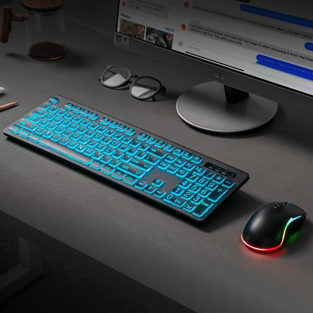 Illuminated Wireless Keyboard with Large Print Keys & Quiet Optical Mouse