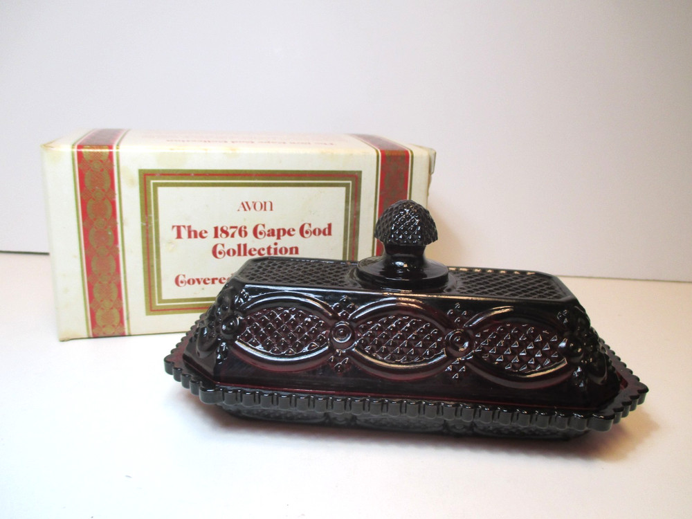 Vtg Avon 1876 Cape Cod Collection Ruby Red Covered Butter Dish w/ Original Box