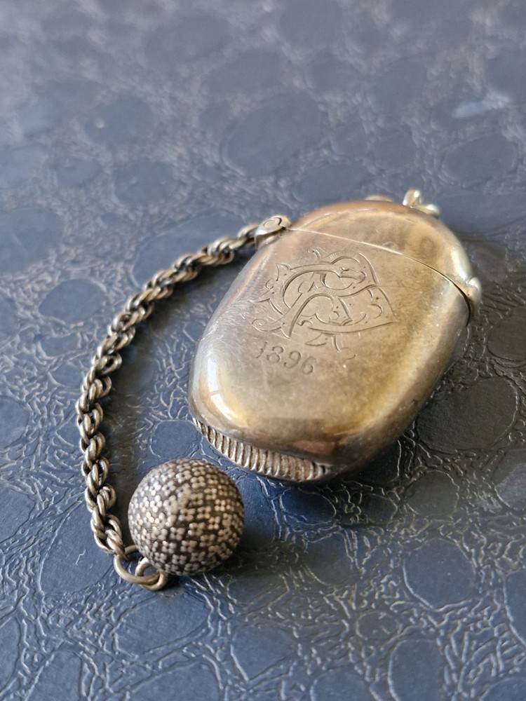 Victorian 1896 Solid Silver Vesta Case,Chester Hallmarked,William Neale + Chain.