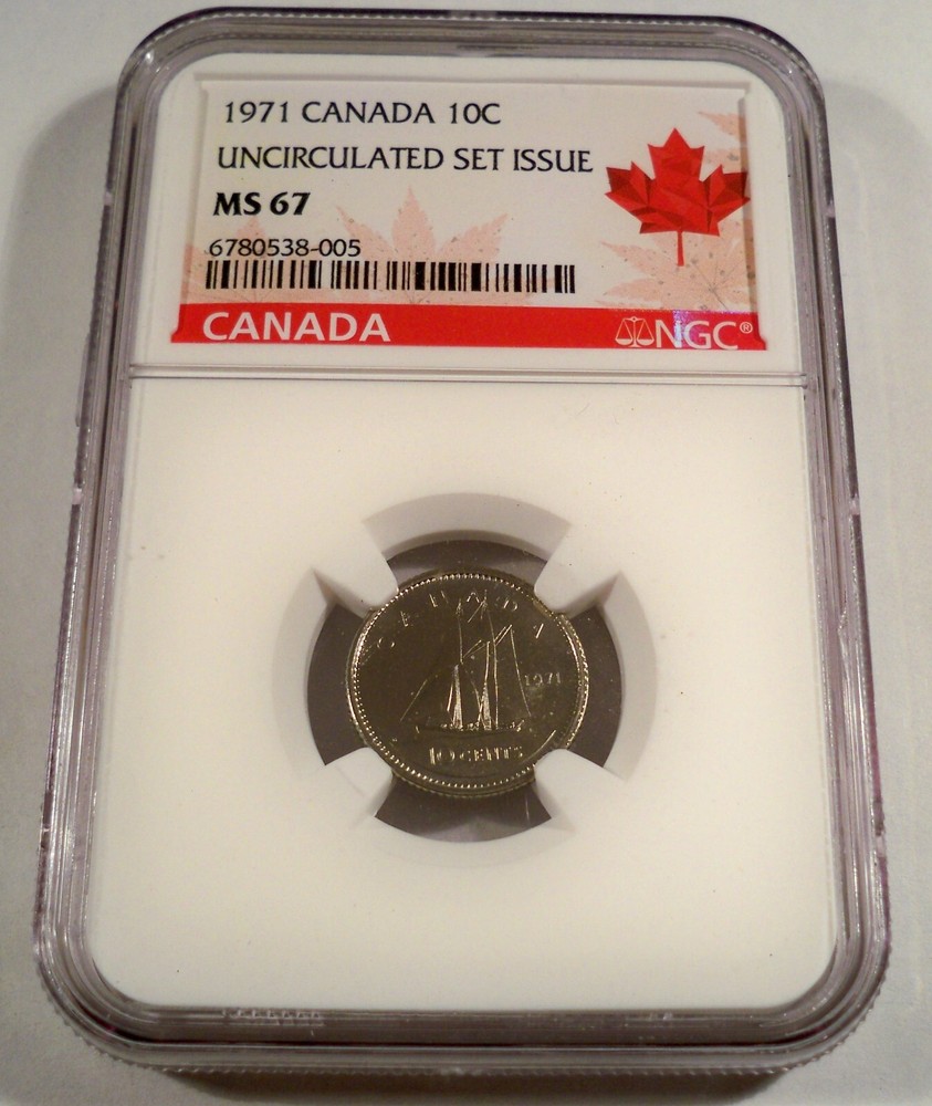 1971 10c NGC MS67 CANADA DIME BLUENOSE MINT UNCIRCULATED SET MS 67