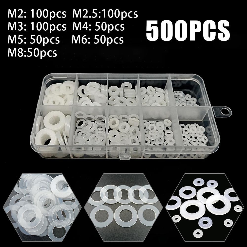 White Nylon Washer Assortment 500PCS Bagged Pack for Various Applications