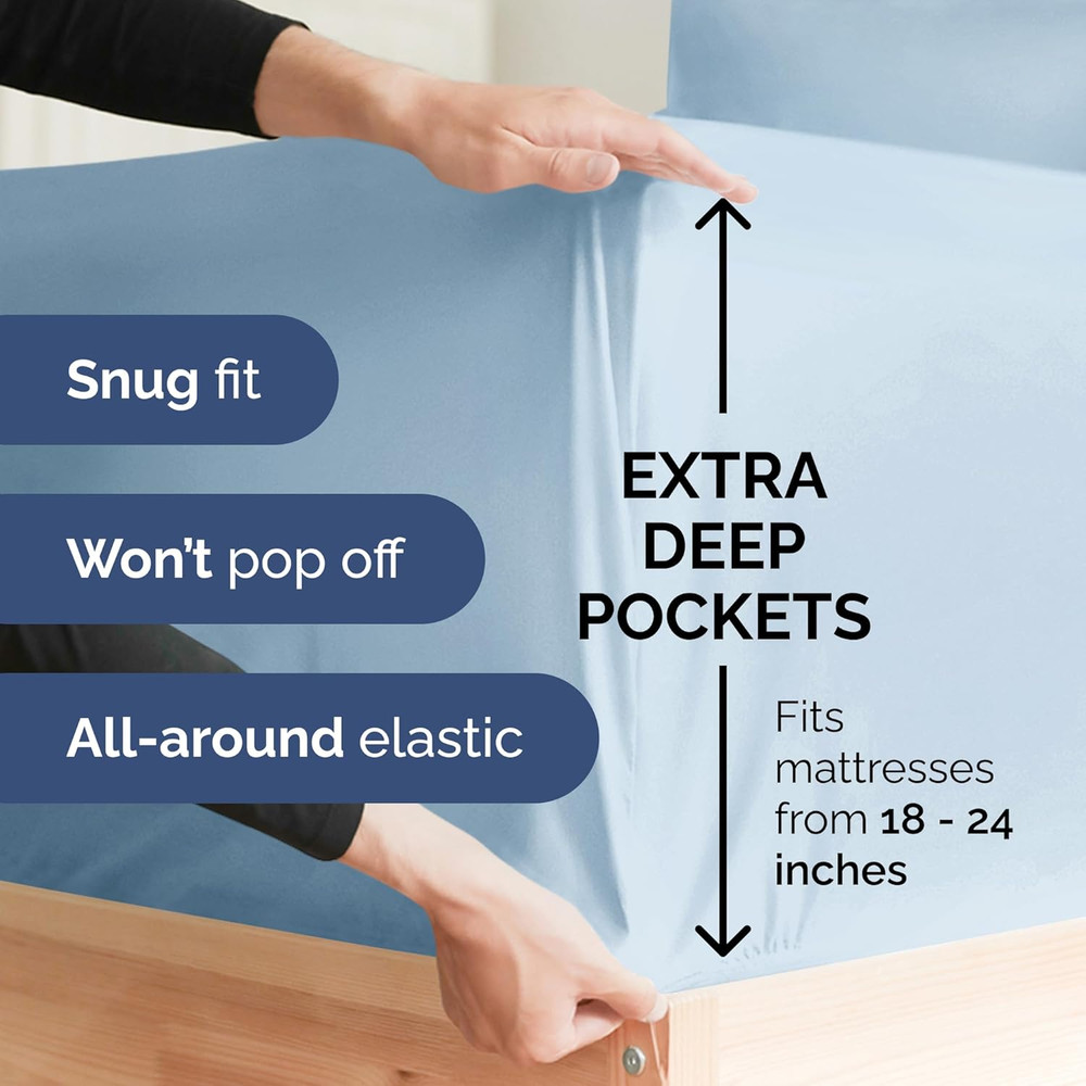 Sky Blue Split King Bed Sheet Set + 2 Extra Pillowcases - Deep Pockets