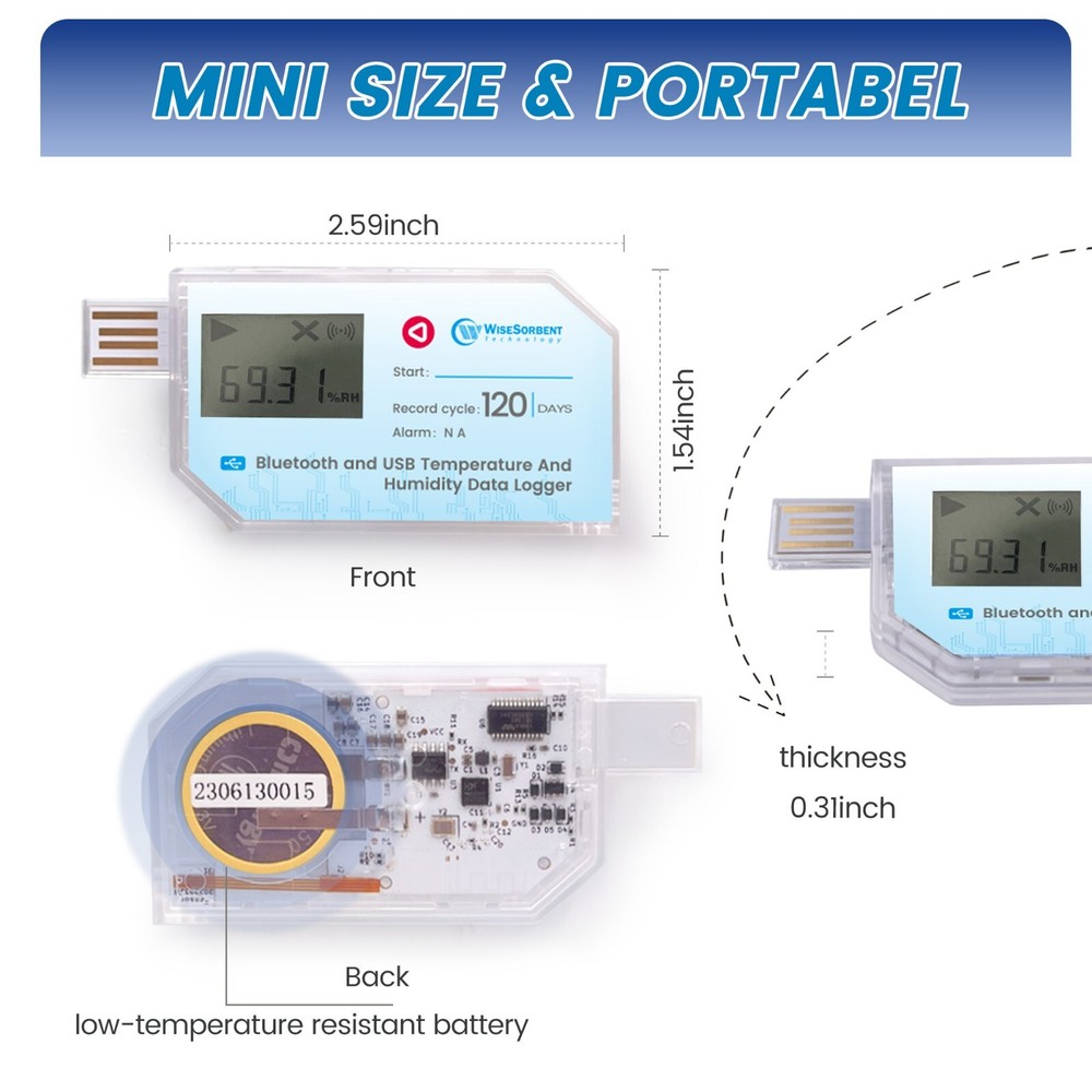 1P USB Data Logger, Temperature and Humidity w/LCD, Bluetooth & App， Single-USE