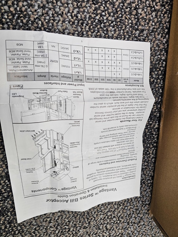 Coinco Vantage VX63S45US00 24 Volt MDB Bill Validator Acceptor