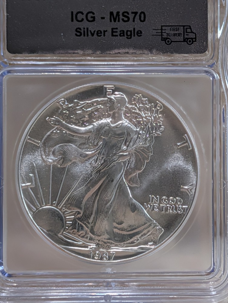 1987 * First Delivery $1 America Silver Eagle * Walking Liberty * ICG MS70