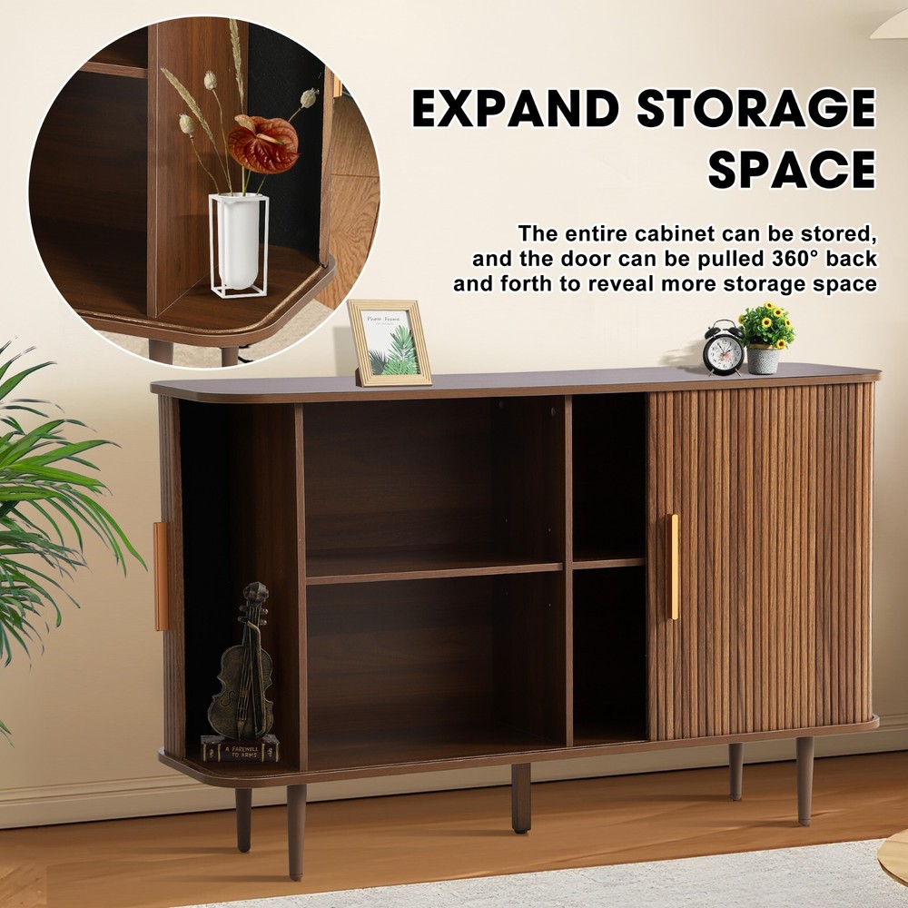 47" Sideboard Buffer Cabinet with Fluted Slide Doors, Tambour Storage Cabinet
