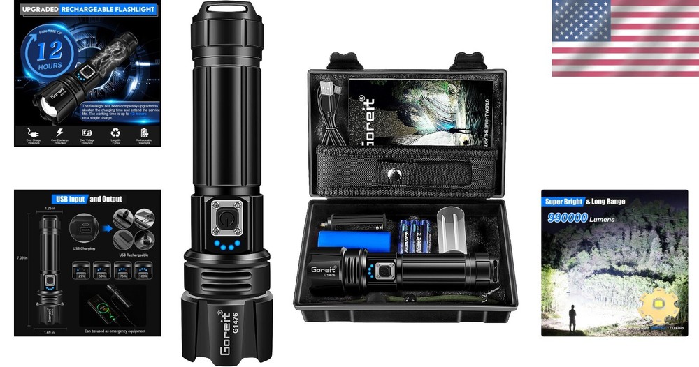 Super Bright Rechargeable Flashlight - 1640ft Range, 5 Modes, Waterproof