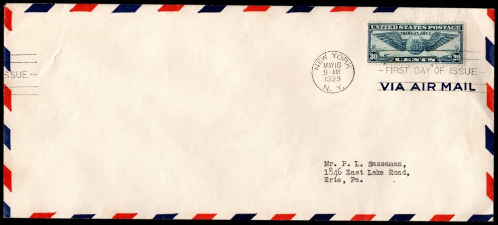Winged Globe  FDC (dull blue) - SC# C24, bi-color envelope
