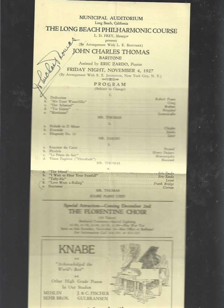 1927 Hand Signed program by  John Charles Thomas, Baritone