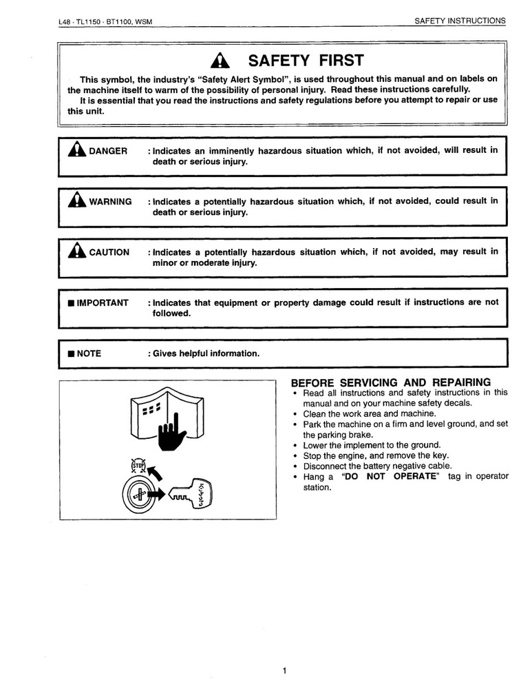 L48 TRACTOR FRONT LOADER BACKHOE TECHNICAL WORKSHOP MANUAL Kubota TL1150 BT1100
