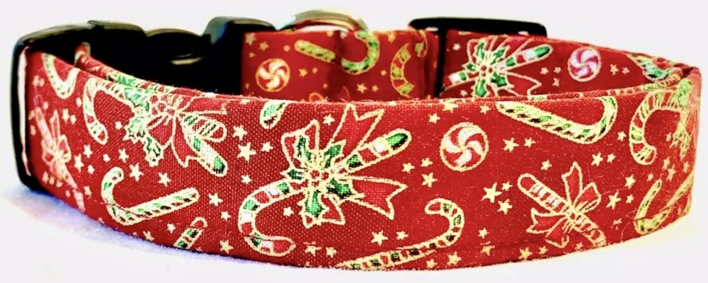 Red Metallic Candy Canes & Ivy Handmade Dog Collar