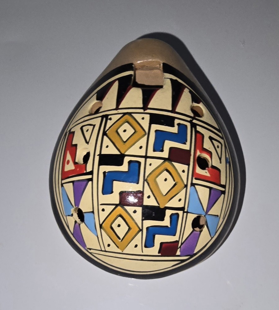 Peruvian Clay Multi Color Geometric Pattern Folk Art Face Whistle Flute
