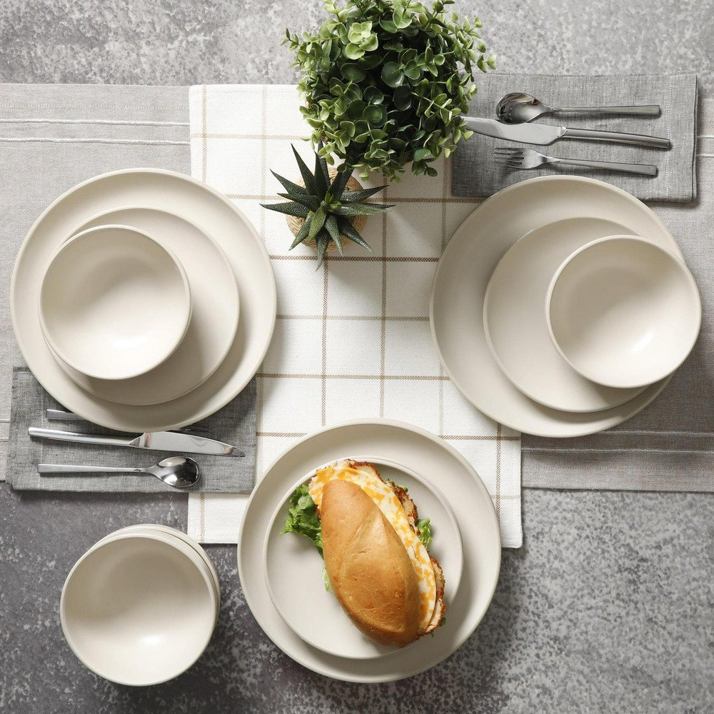 12-Piece Dinnerware Set Kitchen Table Serving Plates Bowls Stoneware Cream Beige