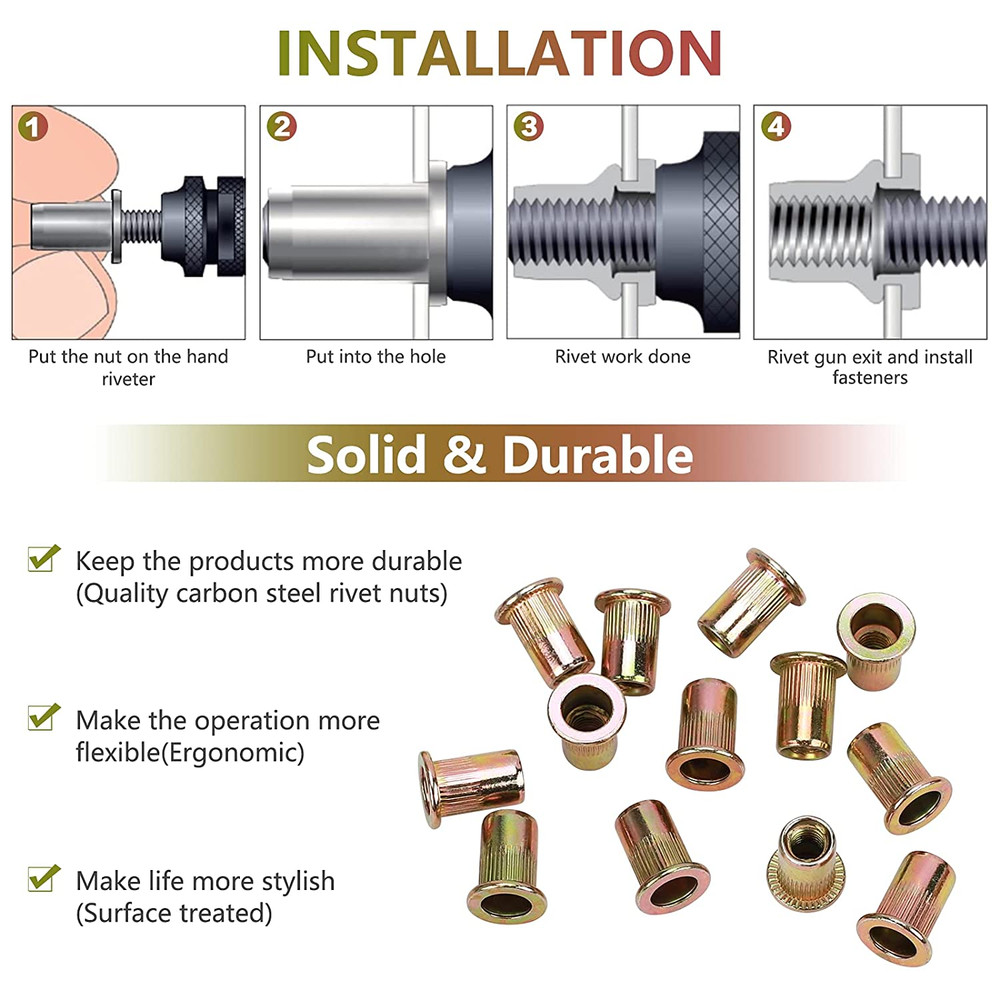 100Pcs M6 Rivet Nuts, M6 Flat Head Rivnut Threaded Insert Nuts with Knurled Body