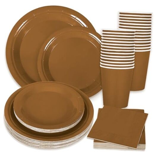 100Pcs Tableware Set Fall Disposable Dinnerware Set 50Pcs Paper Plates Brown