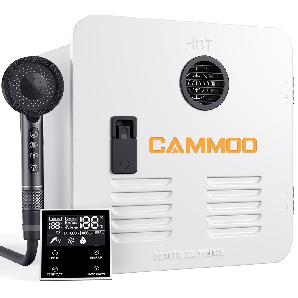 65000BTU RV Tankless Water Heater with 15x15 Inch White Door, 3.9GPM, 12V DC