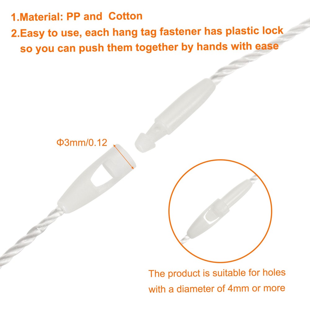 100Pcs Cotton Hang Tag String Snap Lock Pins White 3.2 Inch