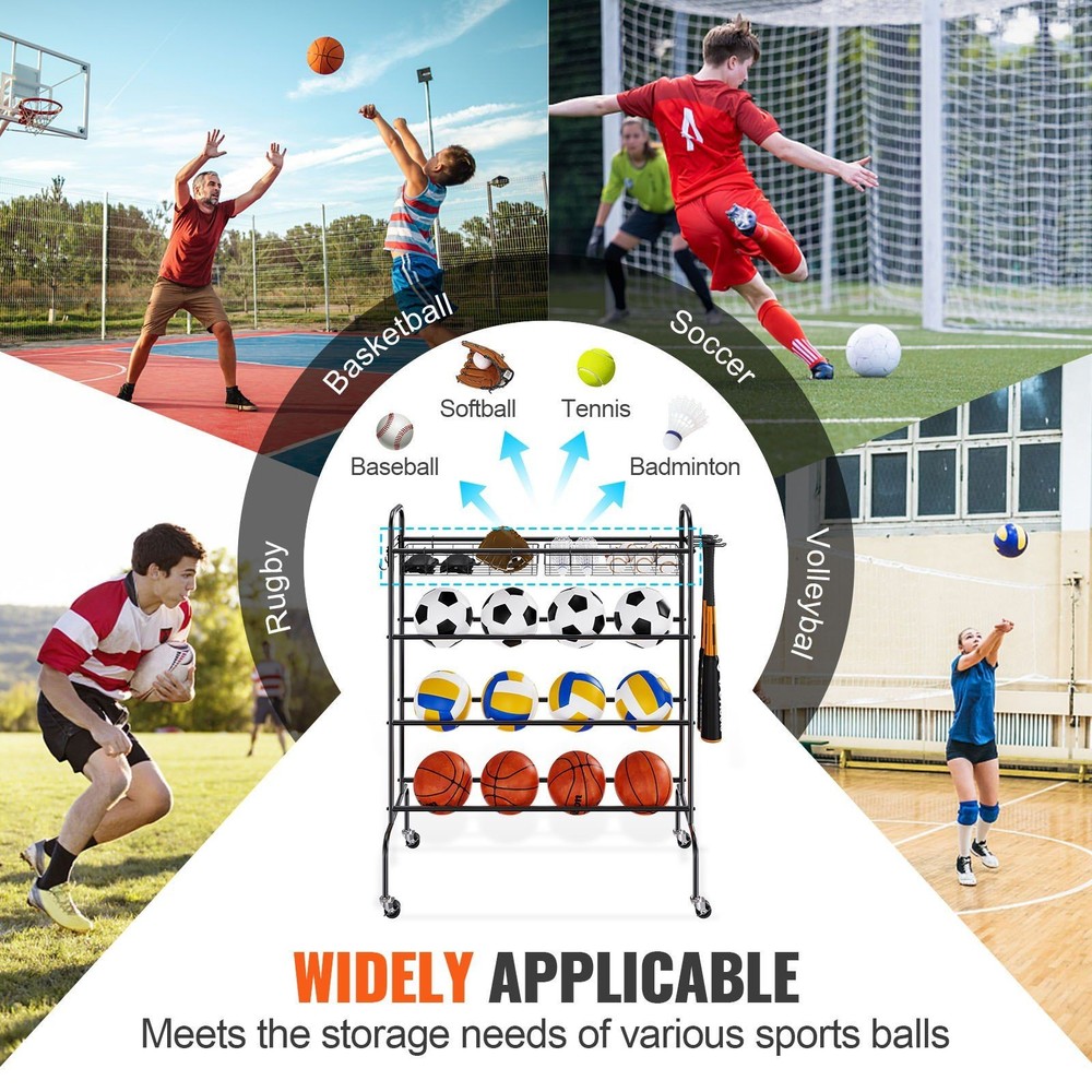 4-Tier Basketball Storage System w/ Wheels Hooks Bat Holders & Baskets