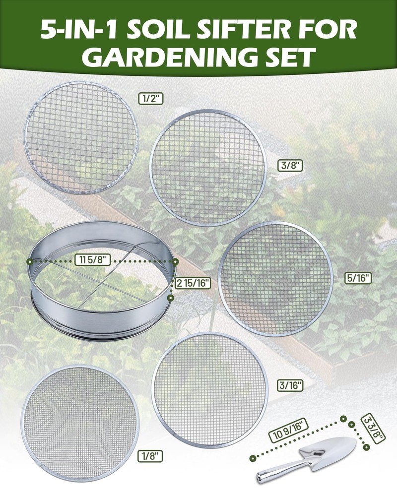 HIPULX 5in1 Soil Sifter Set with 5 Replaceable Stainless Steel Mesh Screen & ...