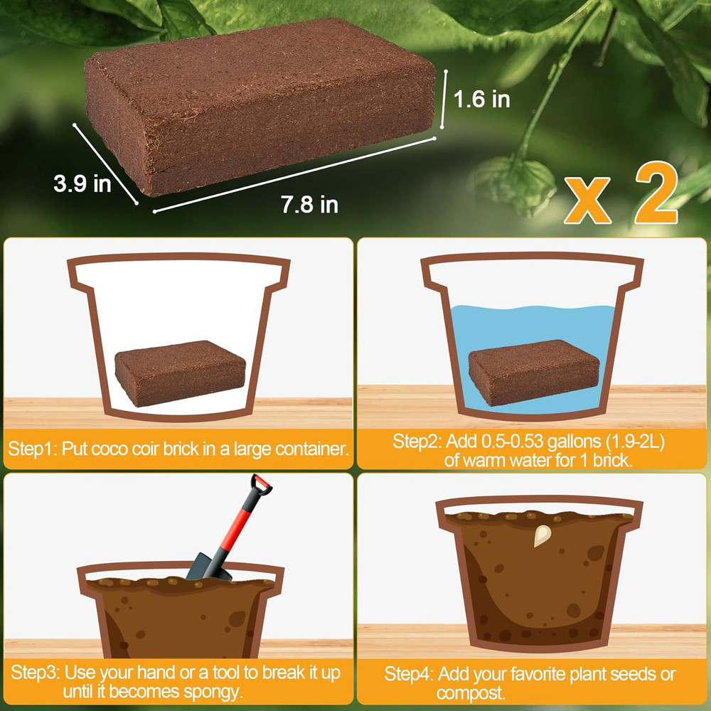 Coco Coir Compressed Bricks 2 Pcs Coconut Fiber Husk Growing Medium Soil Mix