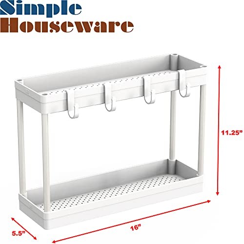2-Tier Under Sink Organizer Storage Tray with Hooks White