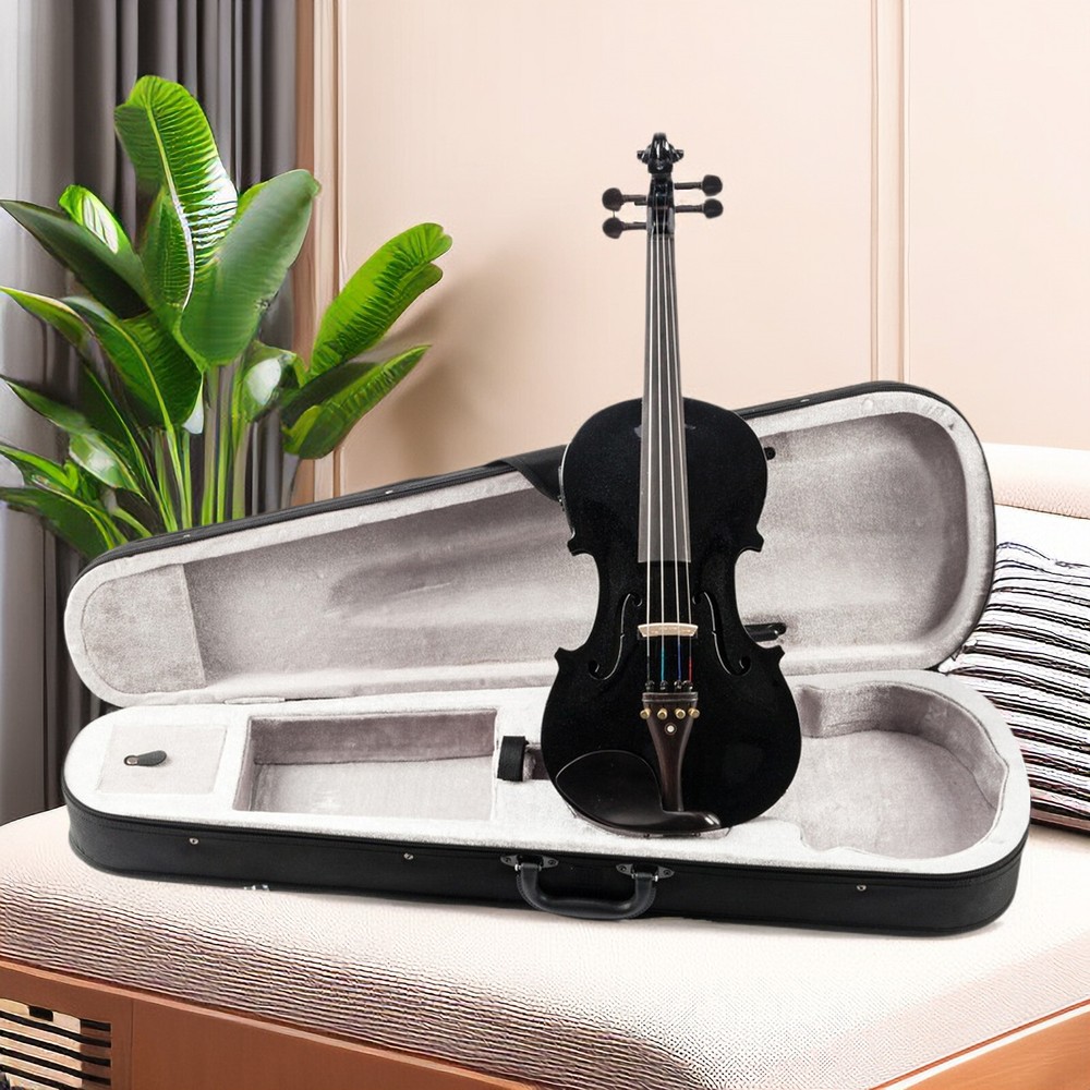 Black 4/4 Full Size Solid Wood Violin Set w/ EQ, Shoulder Rest, Electronic Tuner