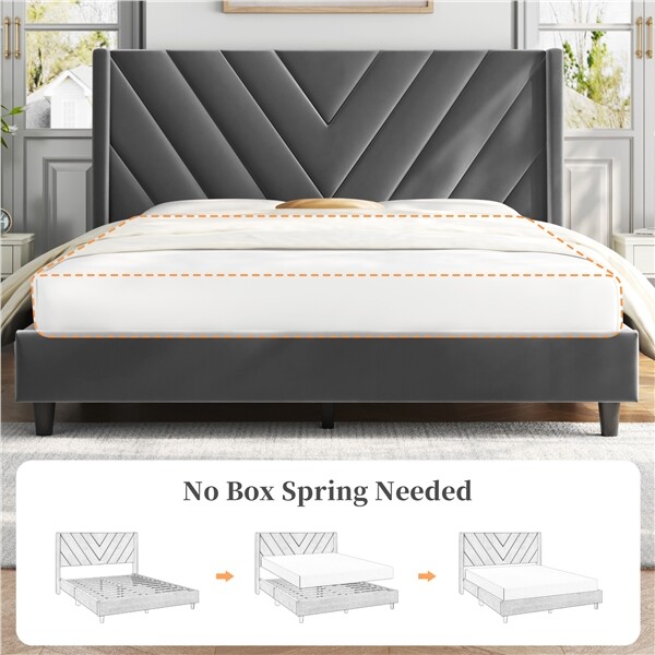 Full/Queen Upholstered Bed Frame with Wing Side Headboard, No Box Spring Needed