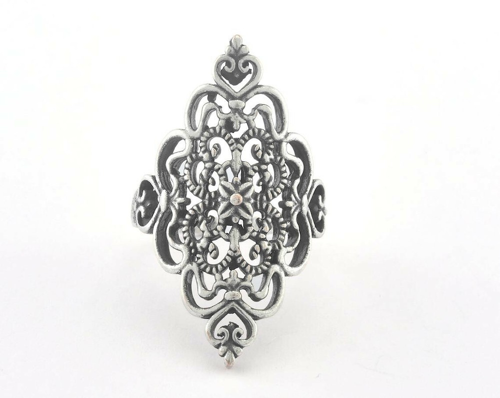 Ring Filigree Shape Adjustable Ring Antique Silver Plated Brass Statement Women