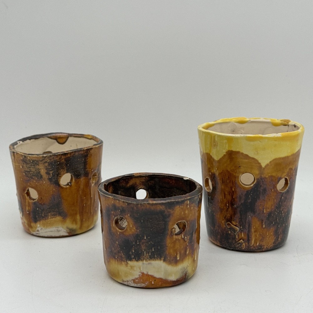 Handmade Ceramic Rustic Tea Light Holder 3 Piece Matching Set Multicolor Glazed
