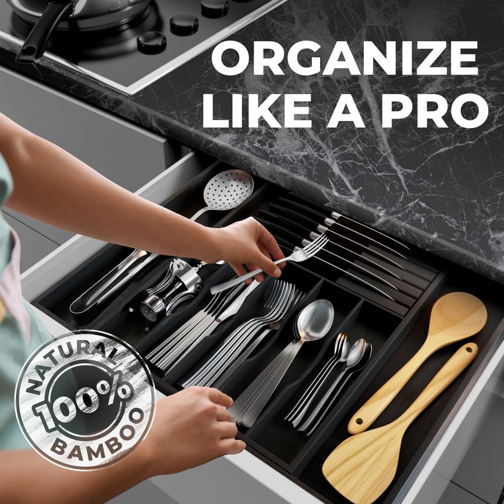 Premium Expandable Kitchen Drawer Organizer - 100% Bamboo Organizer Tray - Gr...