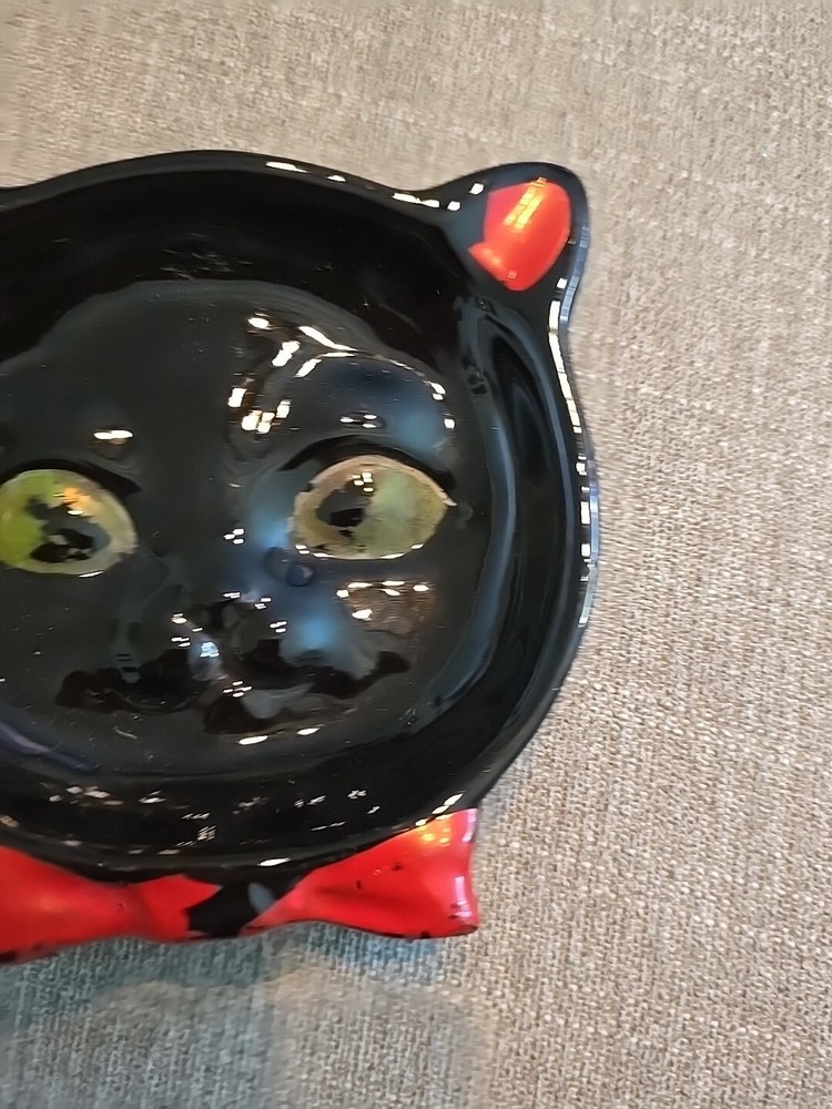 Vintage Redware Black Cat Ashtray