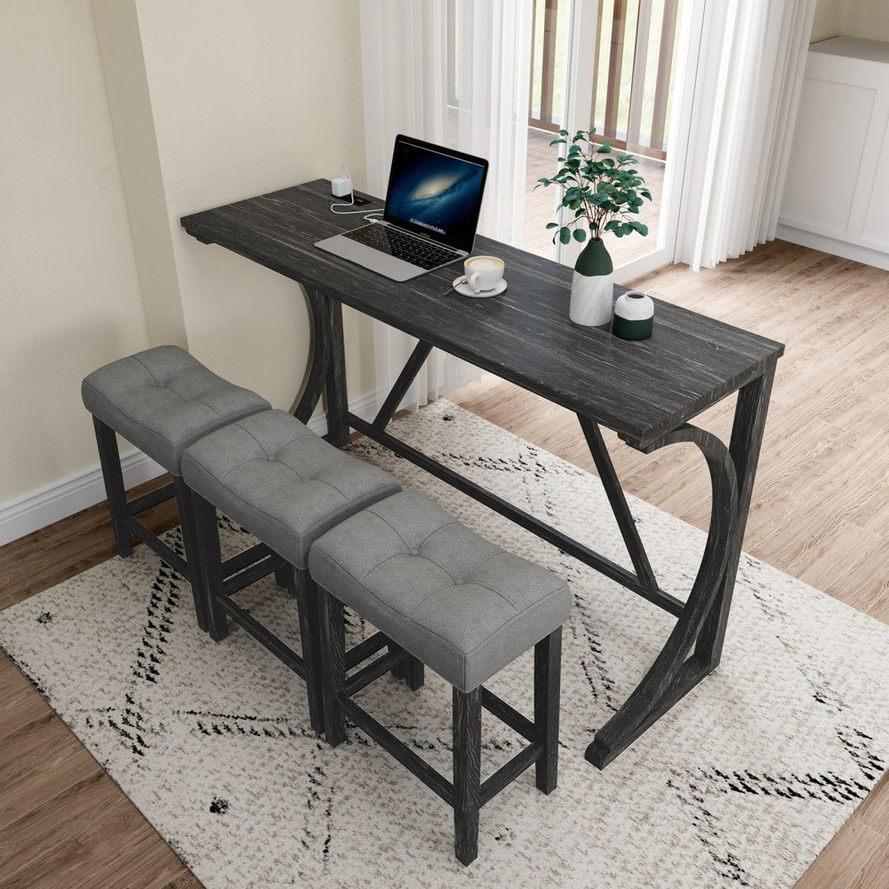 4 Piece Bar Table Set Kitchen Counter Height Table Dining Table w/ 3 Bar Stool