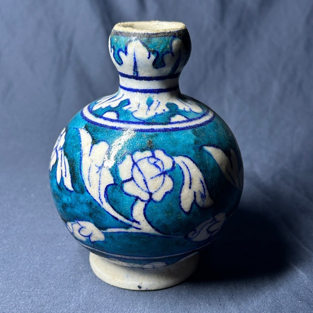 Middle Eastern blue and white glazed bottle vase