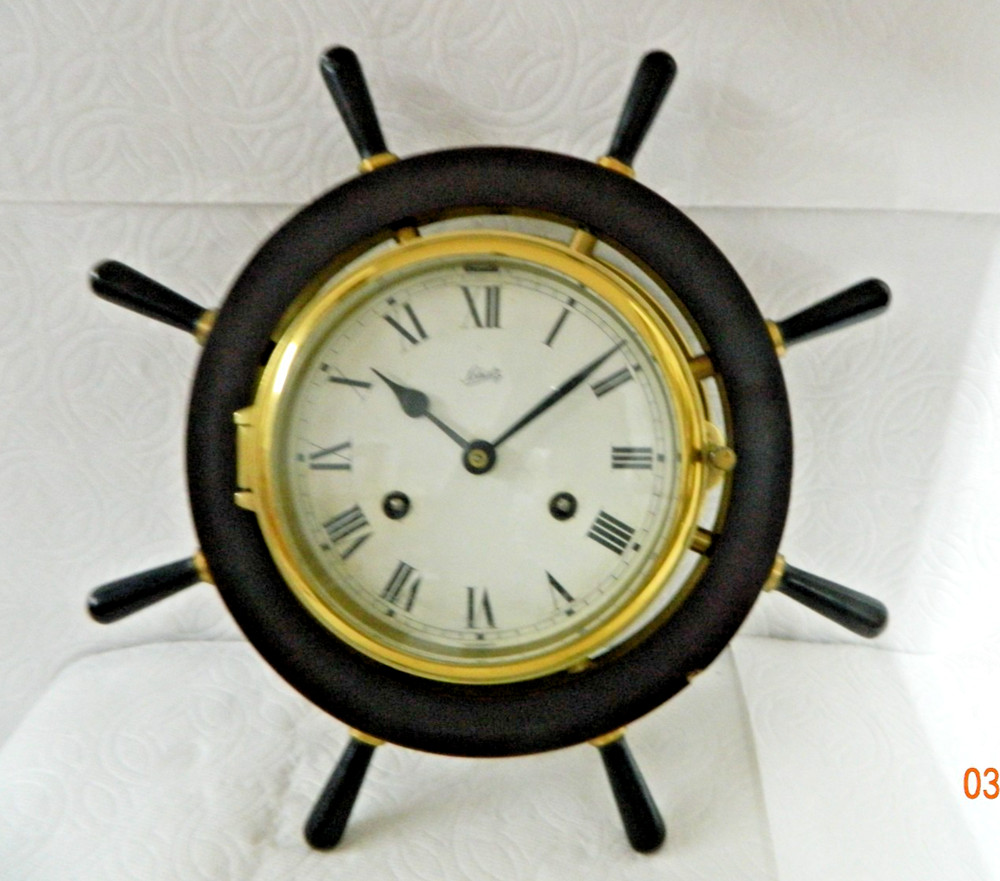 VINTAGE SCHATZ WIND UP SHIPS CLOCK WITH SHIPS WHEEL