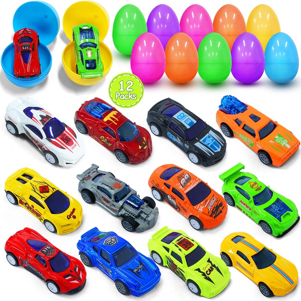 12 Pack Prefilled Easter Eggs with Toys Inside, Pullback Diecast Cars for Kid...