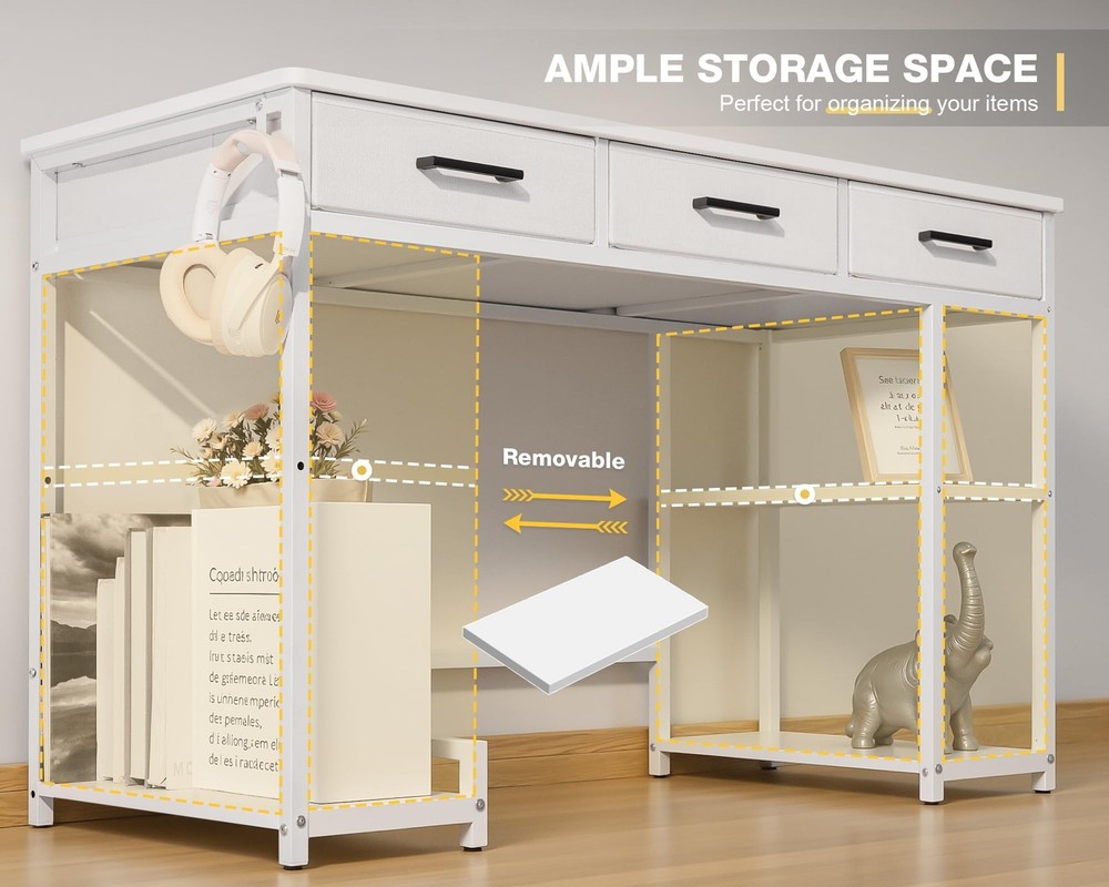 Shahoo Computer Desk with Drawers & Storage Shelves, 48" Modern Writing Table...