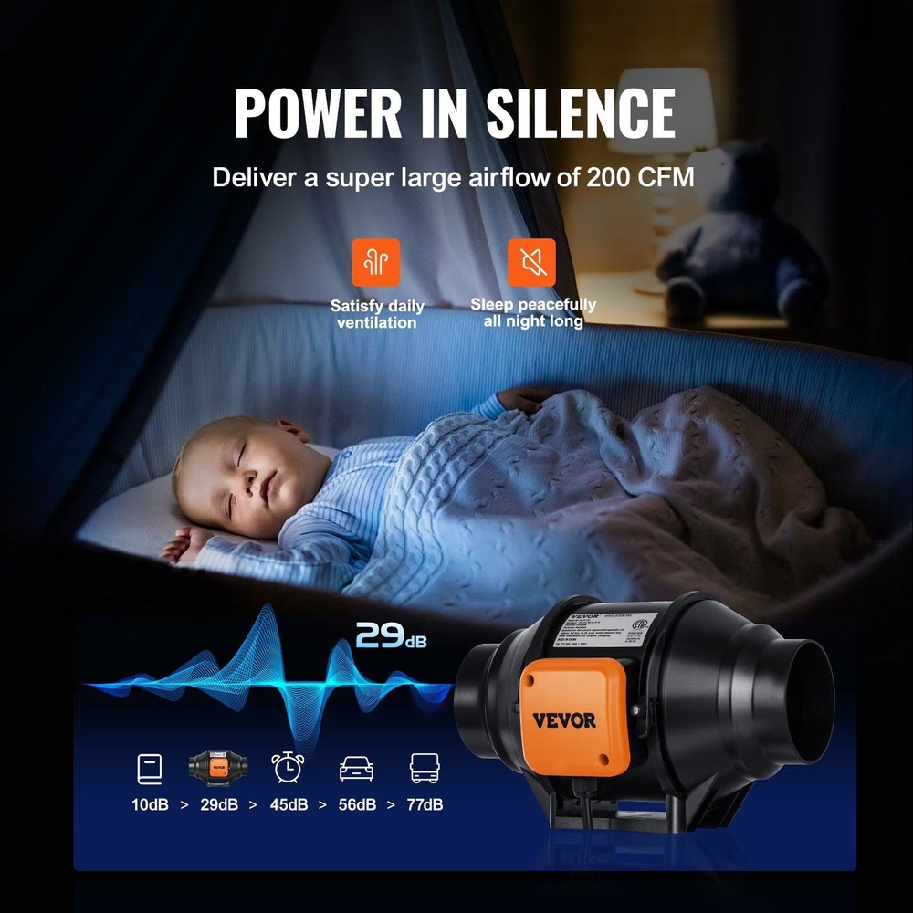 4in 200CFM Sturdy Inline Blower with Durable Mounting Straps Included