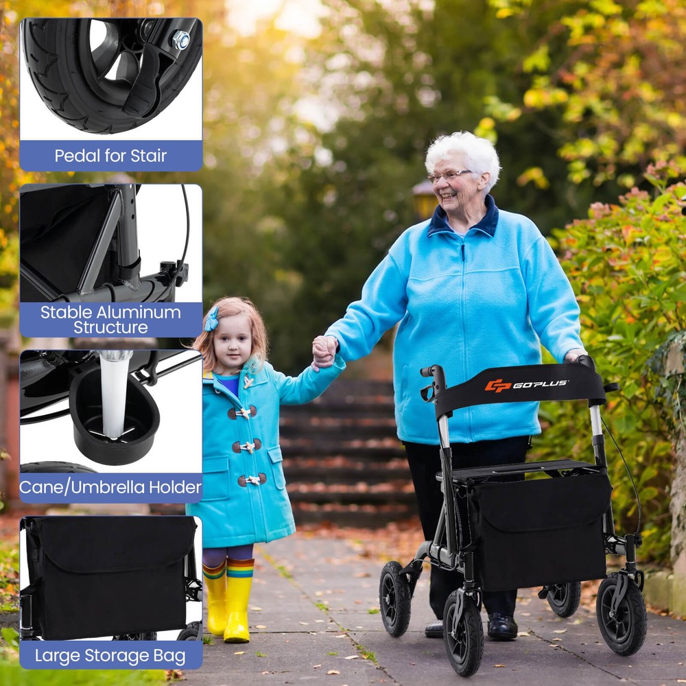 Foldable Height Adjustable Rollator Walker with Seat, Storage Bag for Seniors