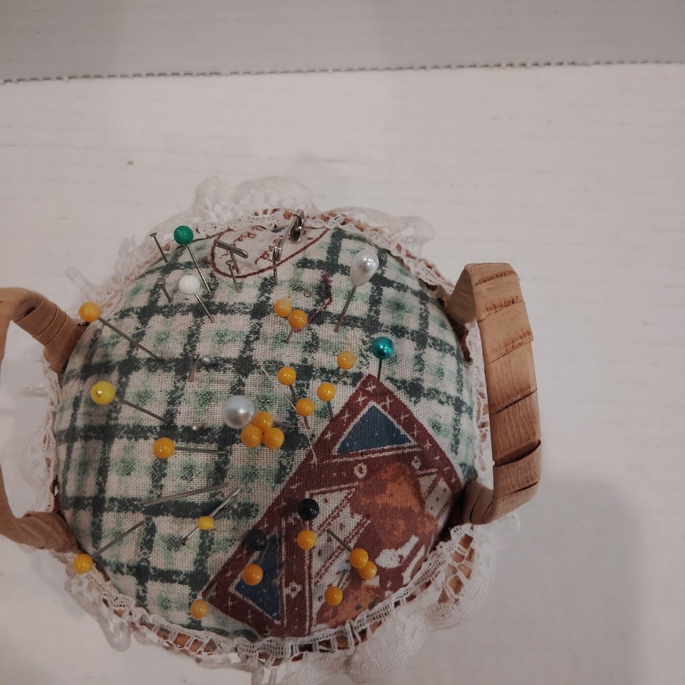 Vintage Handmade fabric pin cushion, patchwork pattern and lace trim