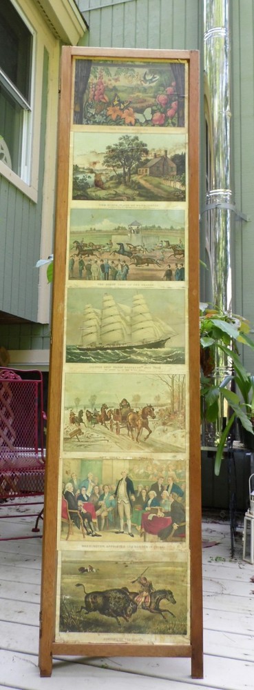 Vintage 3 Panel Folding Room Divider Privacy Dressing Screen Currier Ives Prints