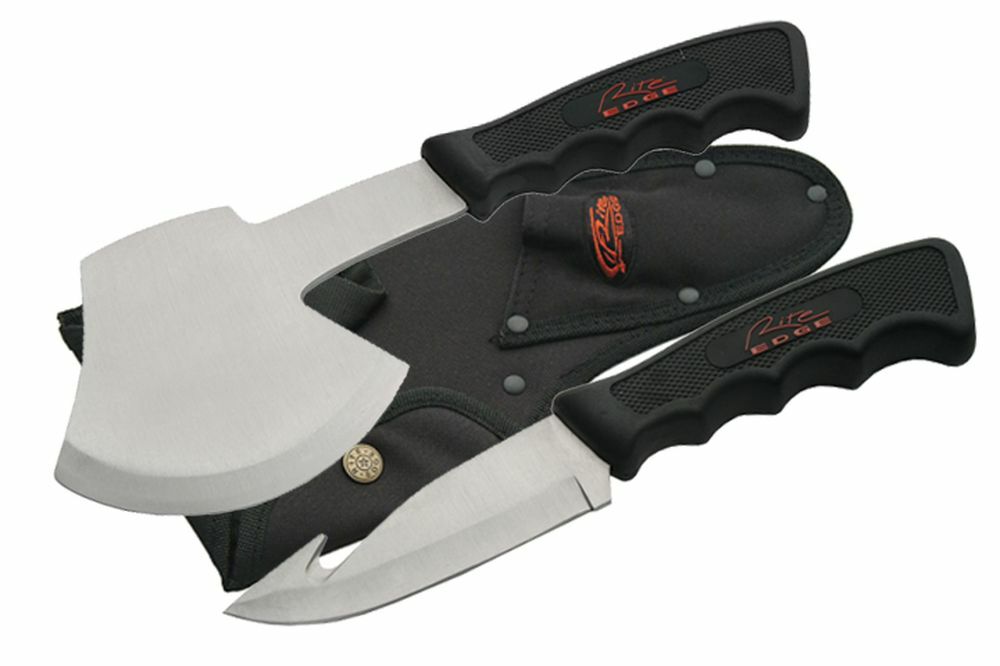 CAMPING KNIFE + AXE SET | 2-Pc Gut Hook Hunter Fixed-Blade Hatchet Black Rubber