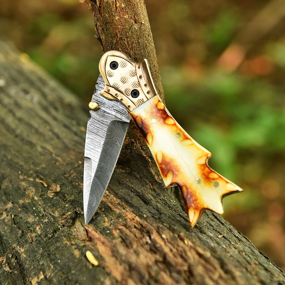Damascus Folding Dagger Blade Pocket Knife Tactical-Original Burn Bone Handle