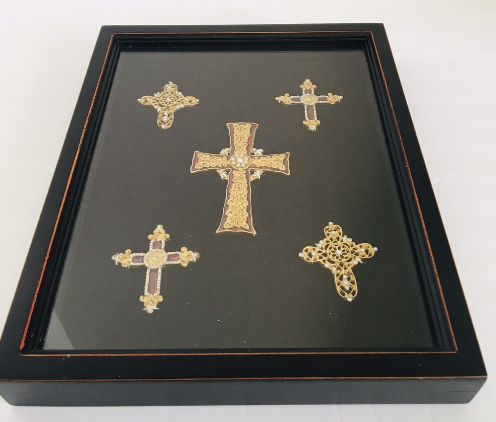 Enameled Christianity Crosses Mounted In Shadow Box Frame